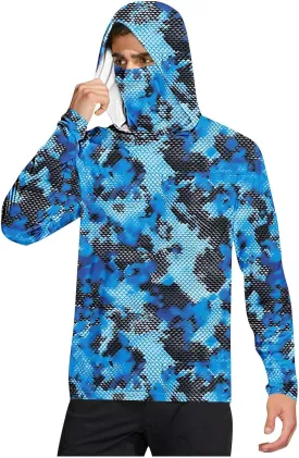 Mens UPF 50  Fishing Shirts Tops Long Sleeve UV Sun Protection Rash Guard Lightweight Sun Hoodie with Face Mask