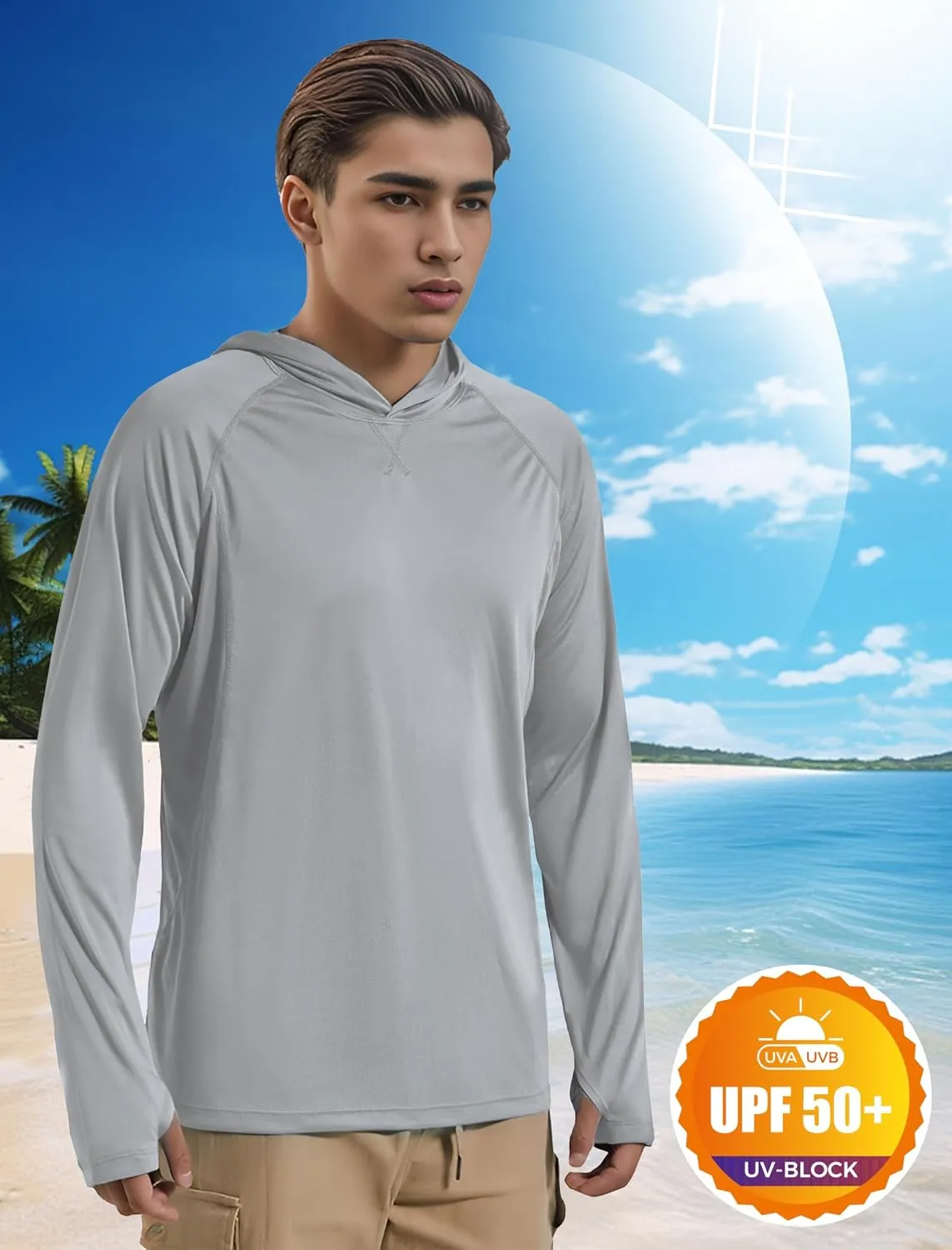 Men's UPF 50  Sun Protection Hoodie Fishing Shirts Long Sleeve Rash Guard SPF UV Shirt with Thumbhole