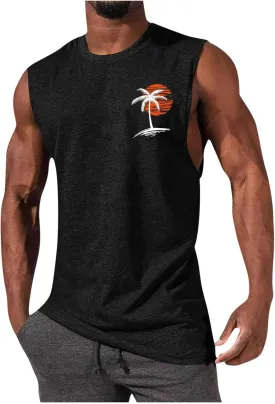 Men's Workout Tank Tops Gym Cut Off Sleeveless T Shirt Bodybuilding Fitness Muscle Athletic Tank Top Palm Tree Shirts Tee
