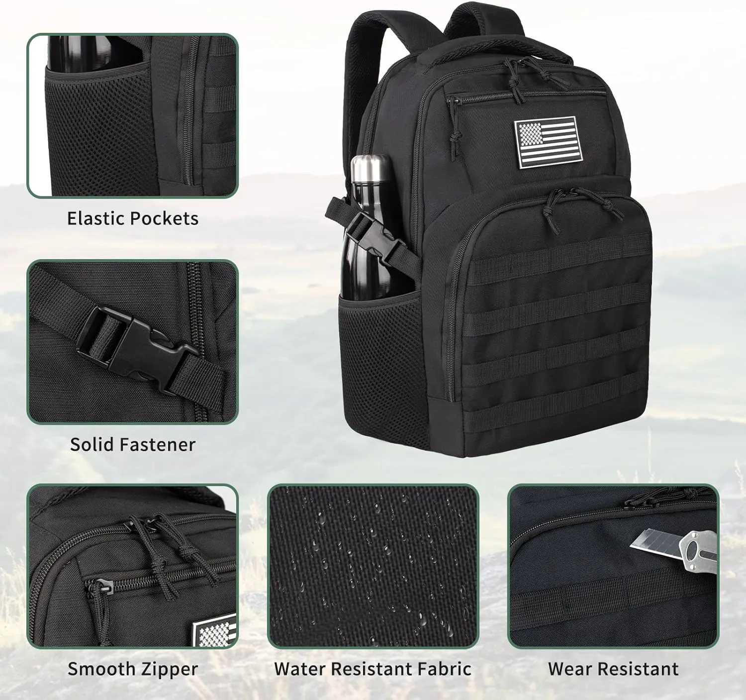 Military Tactical Backpack for Travel Hiking,Black Backpack for Men with Bottle Holder, 30L Small Laptop Backpack for Work, Men's Assault Bag Back Pack
