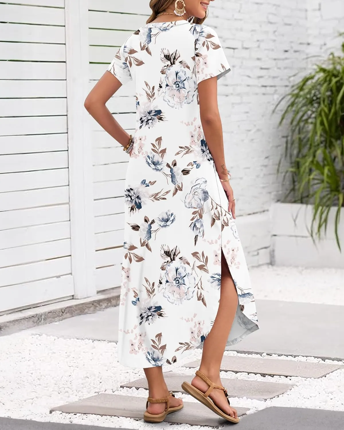MISFAY Women's Summer Casual Maxi Dress 2025 Short Sleeves V Neck Loose Sundress Split Long Beach Shirt Dress Vacation Outfit