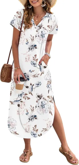 MISFAY Women's Summer Casual Maxi Dress 2025 Short Sleeves V Neck Loose Sundress Split Long Beach Shirt Dress Vacation Outfit