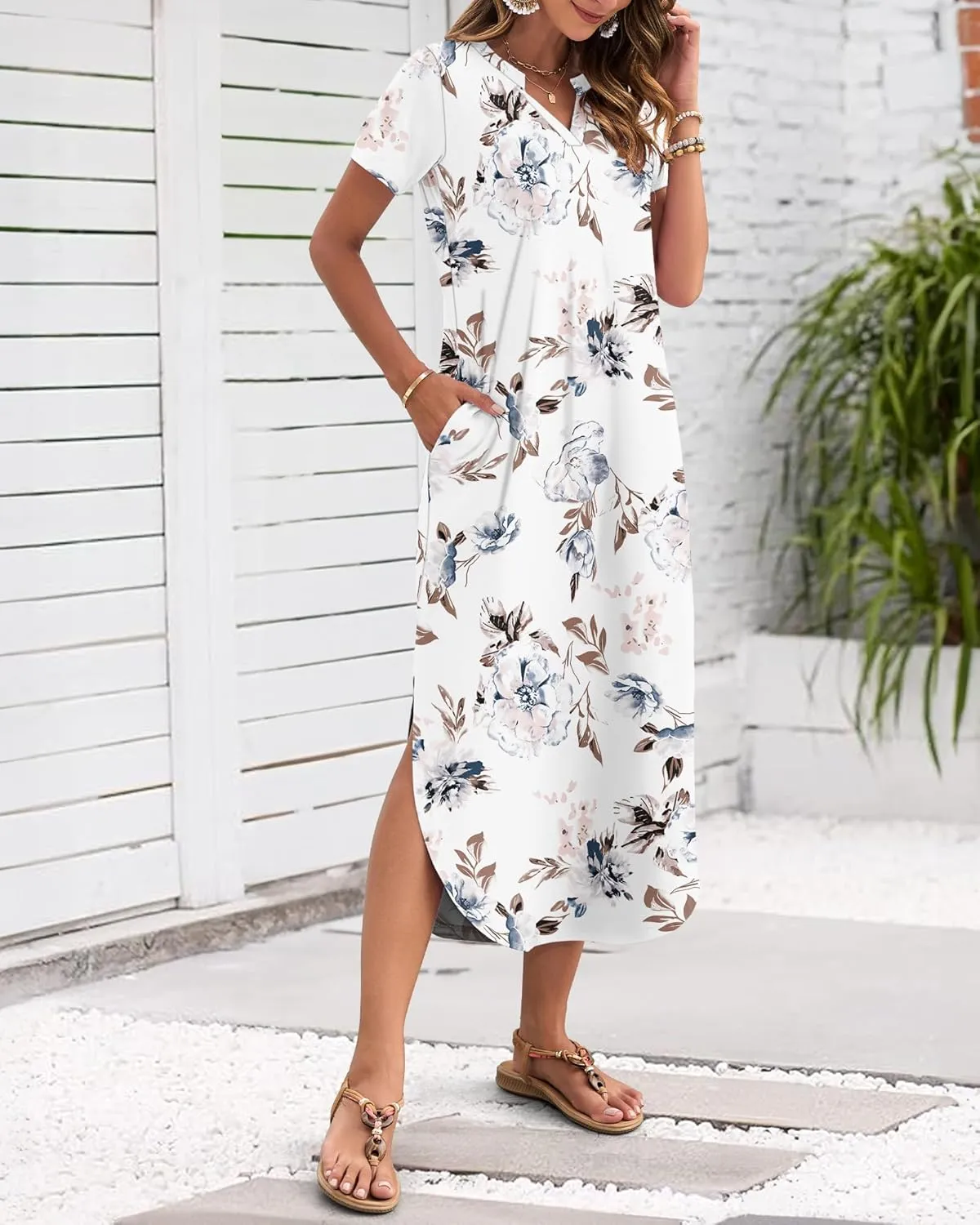 MISFAY Women's Summer Casual Maxi Dress 2025 Short Sleeves V Neck Loose Sundress Split Long Beach Shirt Dress Vacation Outfit