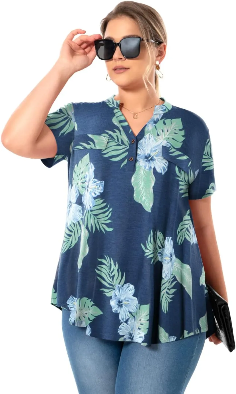MONNURO Womens Plus Size Tops V Neck Plaid Shirts Summer Short Sleeve Work Casual Blouses