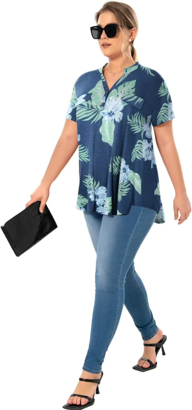 MONNURO Womens Plus Size Tops V Neck Plaid Shirts Summer Short Sleeve Work Casual Blouses