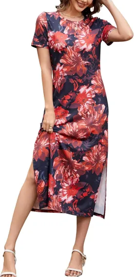 Naggoo Women's Short Sleeve Split Maxi Dress Casual Plain Tie Dye Print Tshirt Long Dresses with Pockets