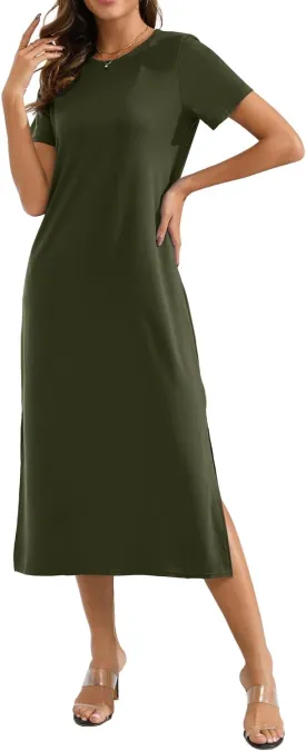 Naggoo Women's Short Sleeve Split Maxi Dress Casual Plain Tie Dye Print Tshirt Long Dresses with Pockets