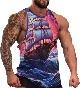 Neon Ocean Wave Boat Men's Workout Tank Top Quick Dry Gym Muscle Tee Bodybuilding Sleeveless T Shirt