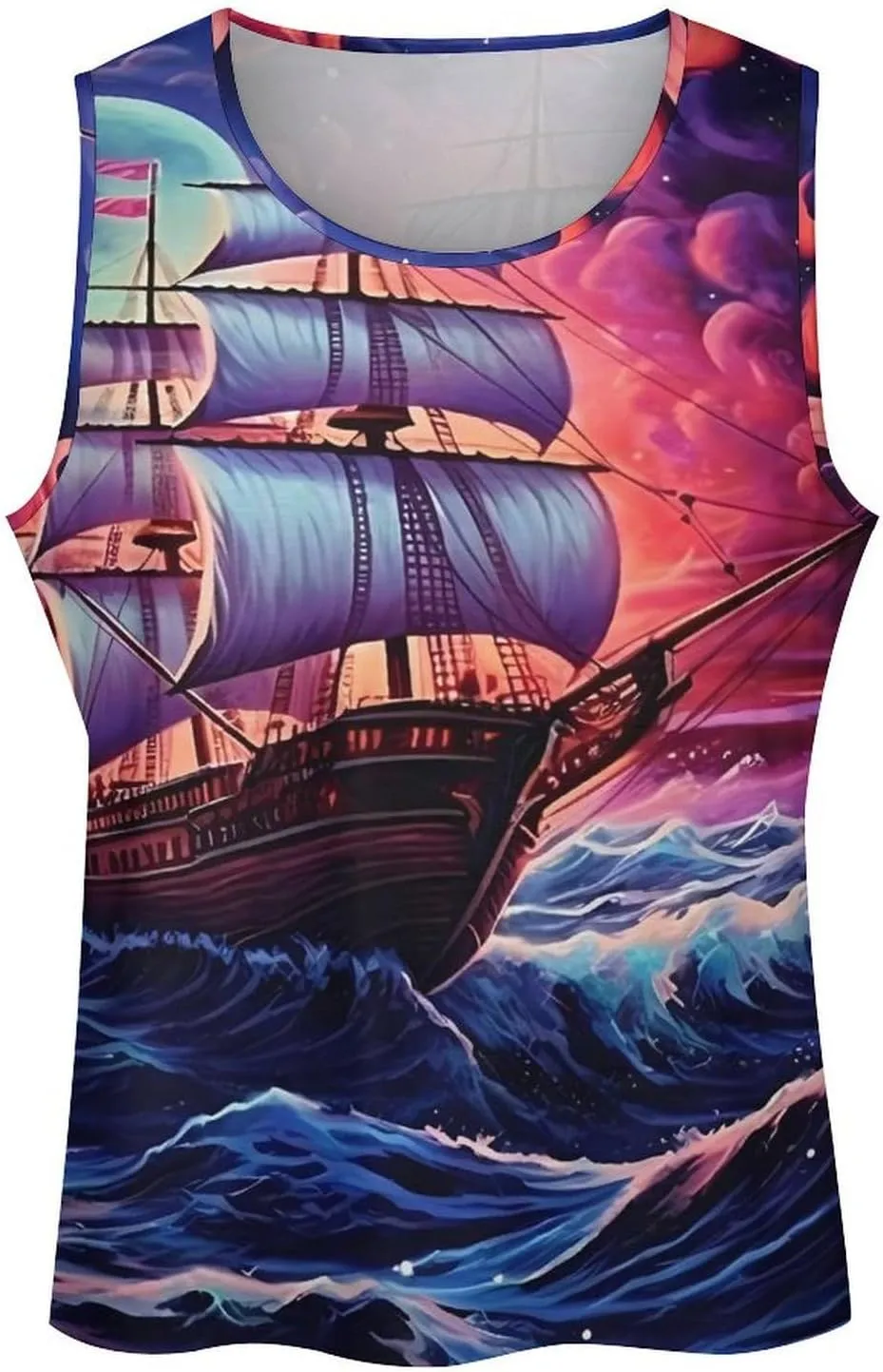 Neon Ocean Wave Boat Men's Workout Tank Top Quick Dry Gym Muscle Tee Bodybuilding Sleeveless T Shirt