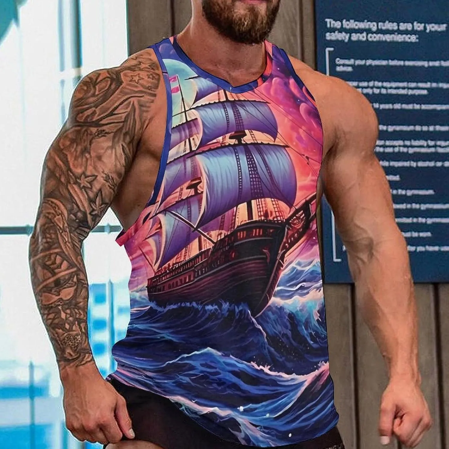 Neon Ocean Wave Boat Men's Workout Tank Top Quick Dry Gym Muscle Tee Bodybuilding Sleeveless T Shirt