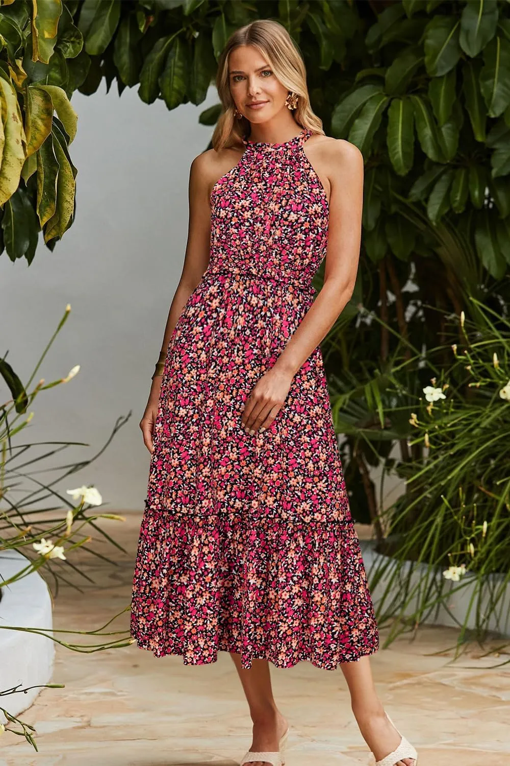 Newshows Womens 2025 Summer Vacation Outfits Halter Neck Floral Tiered Ruffled Flowy Casual Beach Boho Long Maxi Dress
