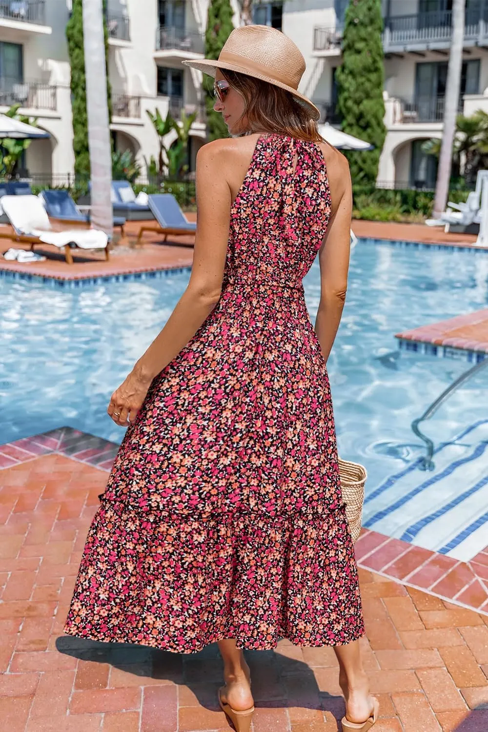 Newshows Womens 2025 Summer Vacation Outfits Halter Neck Floral Tiered Ruffled Flowy Casual Beach Boho Long Maxi Dress