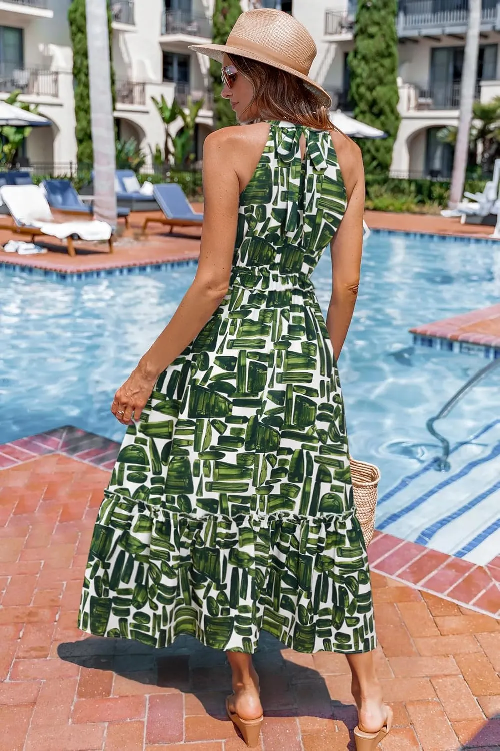 Newshows Womens 2025 Summer Vacation Outfits Halter Neck Floral Tiered Ruffled Flowy Casual Beach Boho Long Maxi Dress