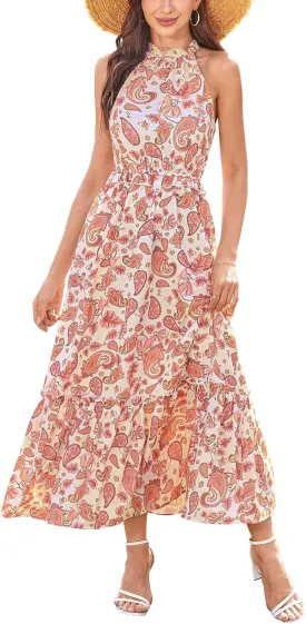 Newshows Womens 2025 Summer Vacation Outfits Halter Neck Floral Tiered Ruffled Flowy Casual Beach Boho Long Maxi Dress