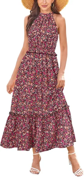 Newshows Womens 2025 Summer Vacation Outfits Halter Neck Floral Tiered Ruffled Flowy Casual Beach Boho Long Maxi Dress