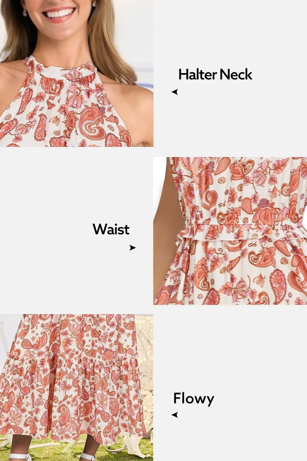 Newshows Womens 2025 Summer Vacation Outfits Halter Neck Floral Tiered Ruffled Flowy Casual Beach Boho Long Maxi Dress