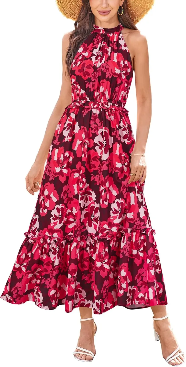 Newshows Womens 2025 Summer Vacation Outfits Halter Neck Floral Tiered Ruffled Flowy Casual Beach Boho Long Maxi Dress