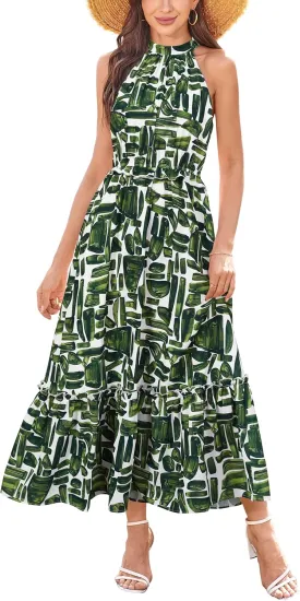 Newshows Womens 2025 Summer Vacation Outfits Halter Neck Floral Tiered Ruffled Flowy Casual Beach Boho Long Maxi Dress
