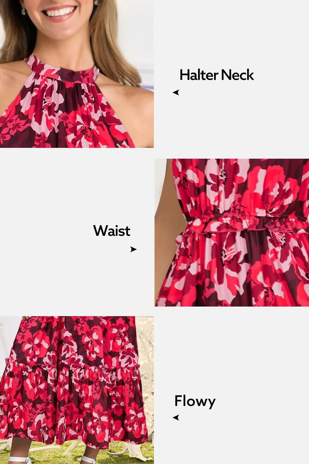Newshows Womens 2025 Summer Vacation Outfits Halter Neck Floral Tiered Ruffled Flowy Casual Beach Boho Long Maxi Dress