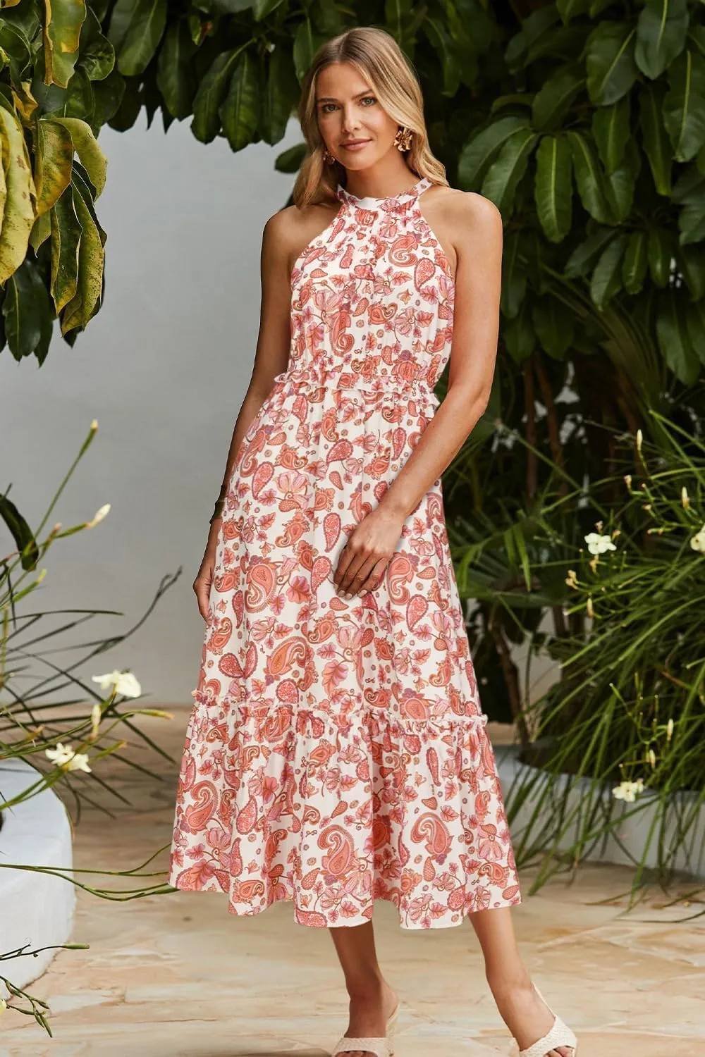 Newshows Womens 2025 Summer Vacation Outfits Halter Neck Floral Tiered Ruffled Flowy Casual Beach Boho Long Maxi Dress
