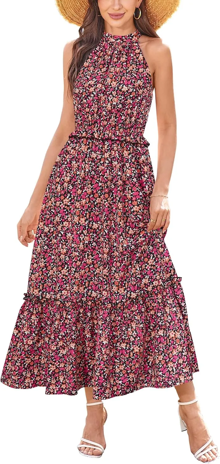 Newshows Womens 2025 Summer Vacation Outfits Halter Neck Floral Tiered Ruffled Flowy Casual Beach Boho Long Maxi Dress