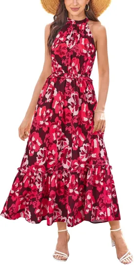 Newshows Womens 2025 Summer Vacation Outfits Halter Neck Floral Tiered Ruffled Flowy Casual Beach Boho Long Maxi Dress