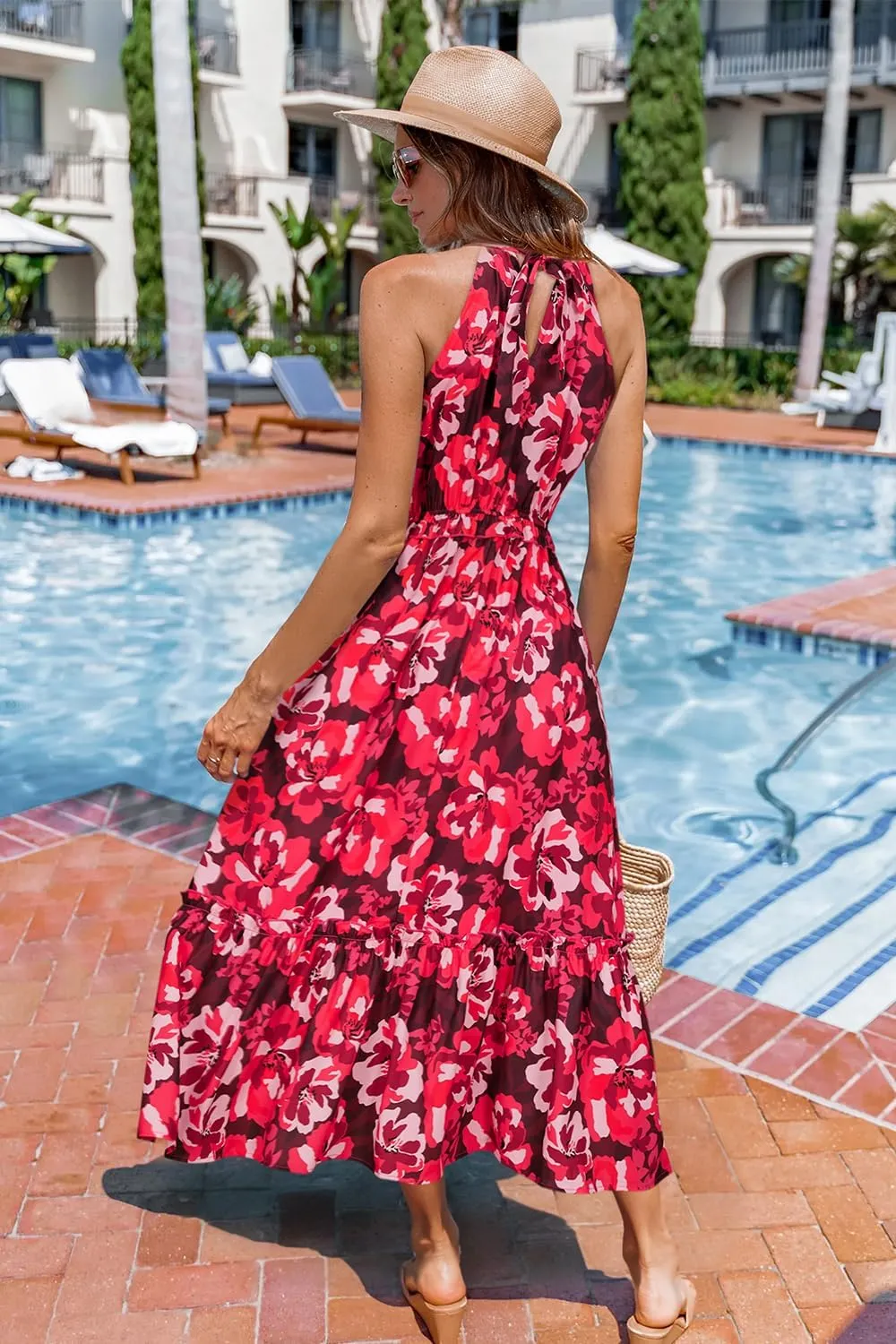 Newshows Womens 2025 Summer Vacation Outfits Halter Neck Floral Tiered Ruffled Flowy Casual Beach Boho Long Maxi Dress