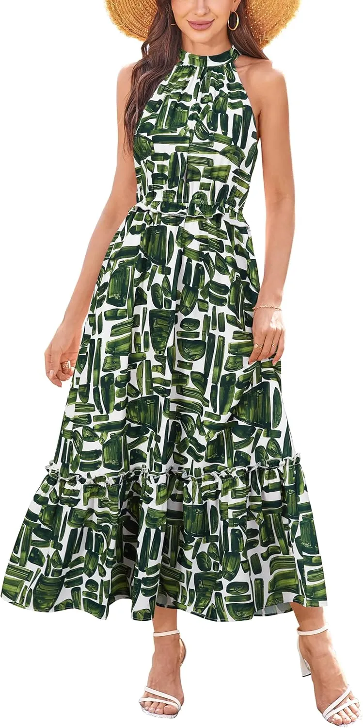 Newshows Womens 2025 Summer Vacation Outfits Halter Neck Floral Tiered Ruffled Flowy Casual Beach Boho Long Maxi Dress
