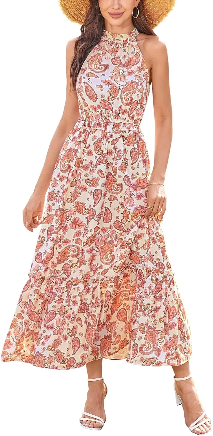 Newshows Womens 2025 Summer Vacation Outfits Halter Neck Floral Tiered Ruffled Flowy Casual Beach Boho Long Maxi Dress