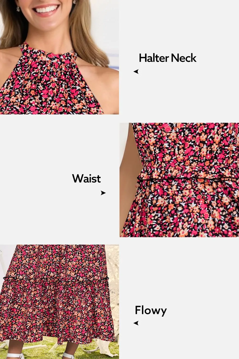 Newshows Womens 2025 Summer Vacation Outfits Halter Neck Floral Tiered Ruffled Flowy Casual Beach Boho Long Maxi Dress