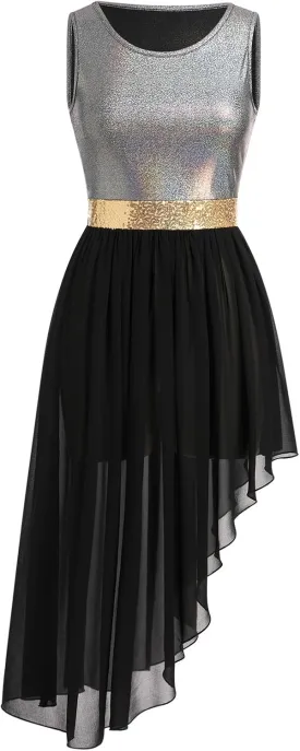 ODASDO Women's Asymmetrical Overlays Dresses Metallic Color Block Praise Lyrical Dance Dress Tunic Irregular Hem Dancewear