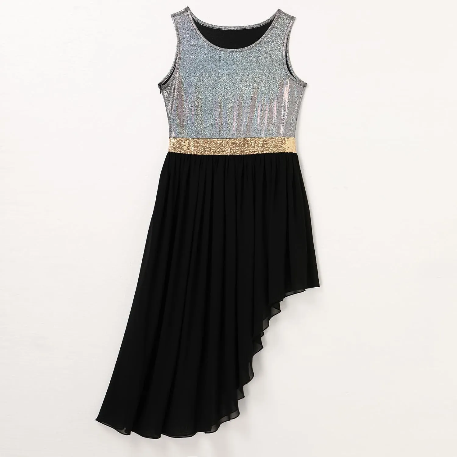 ODASDO Women's Asymmetrical Overlays Dresses Metallic Color Block Praise Lyrical Dance Dress Tunic Irregular Hem Dancewear