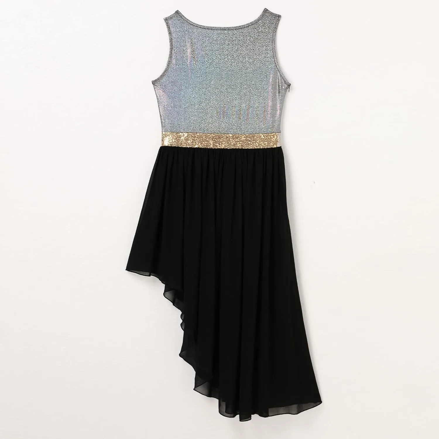 ODASDO Women's Asymmetrical Overlays Dresses Metallic Color Block Praise Lyrical Dance Dress Tunic Irregular Hem Dancewear