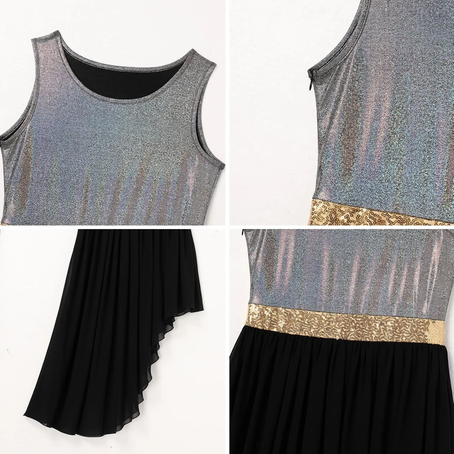 ODASDO Women's Asymmetrical Overlays Dresses Metallic Color Block Praise Lyrical Dance Dress Tunic Irregular Hem Dancewear