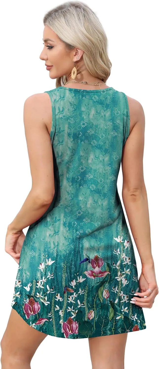 OFEEFAN Womens Summer Dresses 2025 V Neck Sleeveless Sundresses with Pockets Beach Vacation Clothes Floral/Plain