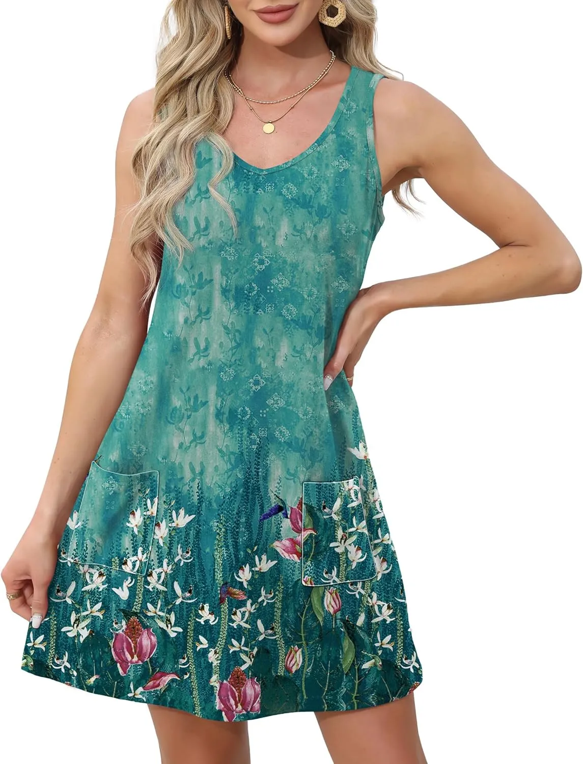 OFEEFAN Womens Summer Dresses 2025 V Neck Sleeveless Sundresses with Pockets Beach Vacation Clothes Floral/Plain