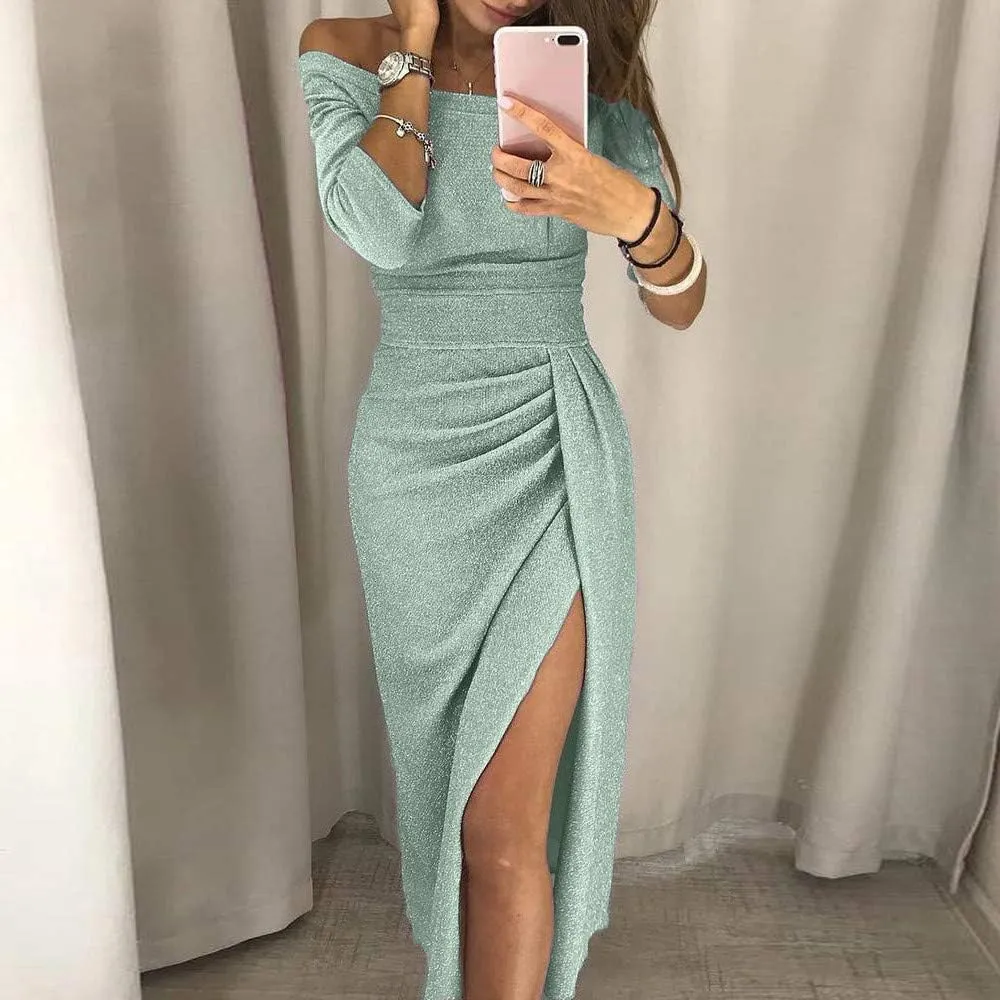 Off Shoulder Cocktail Dresses with Slit Women 2025 Sexy Elegant Formal Bodycon Ruched Long Dress Party Club Wear