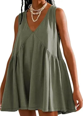 OPCAKM Women's V Neck Sleeveless Mini Dress Loose Summer Pleated Swing Flowy Sundress