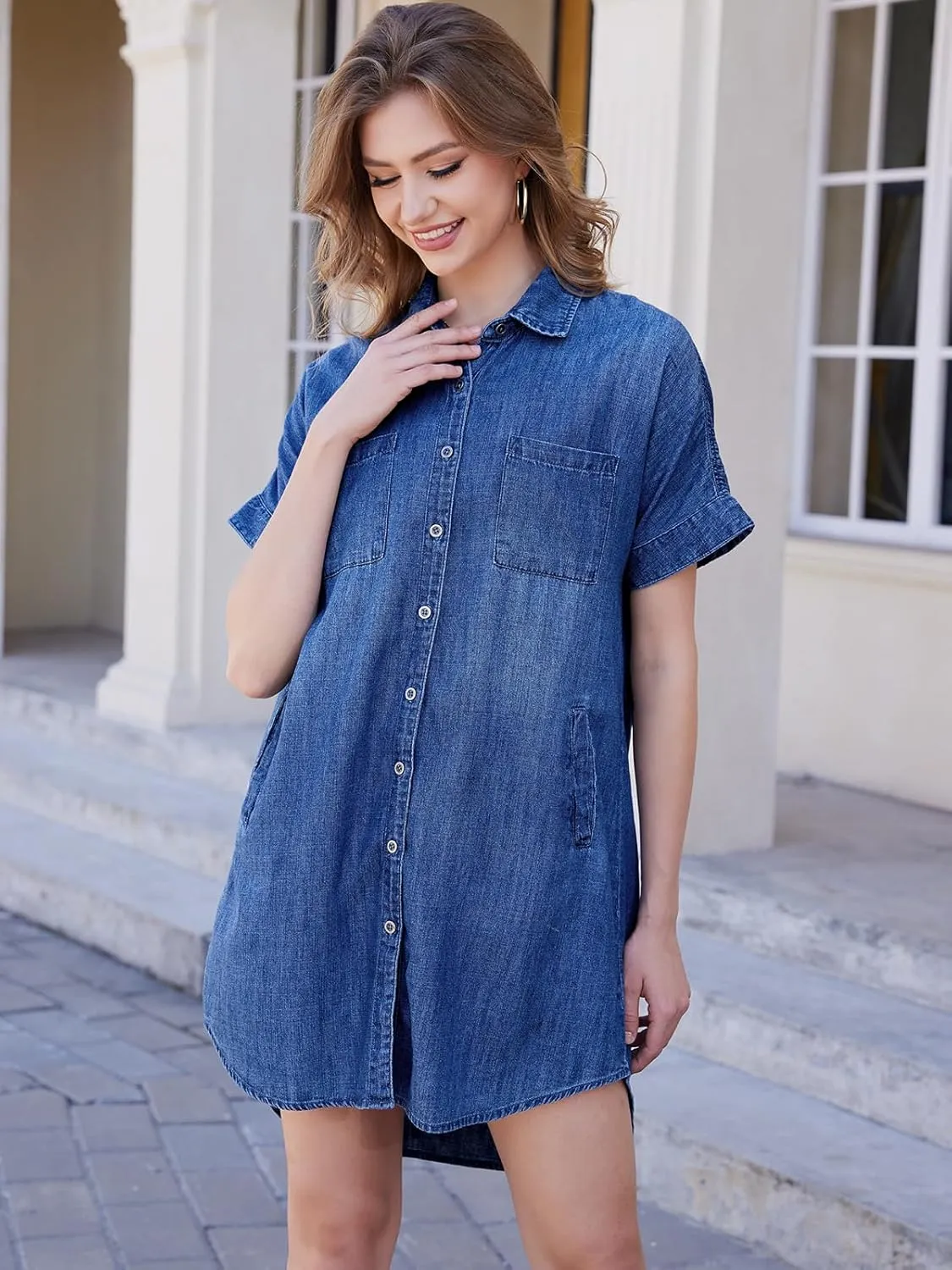 OVRUNS Women Denim Shirt Dress Short Sleeve Button Front High-Low Hem Jean Shirt Mini Dresses with Pockets