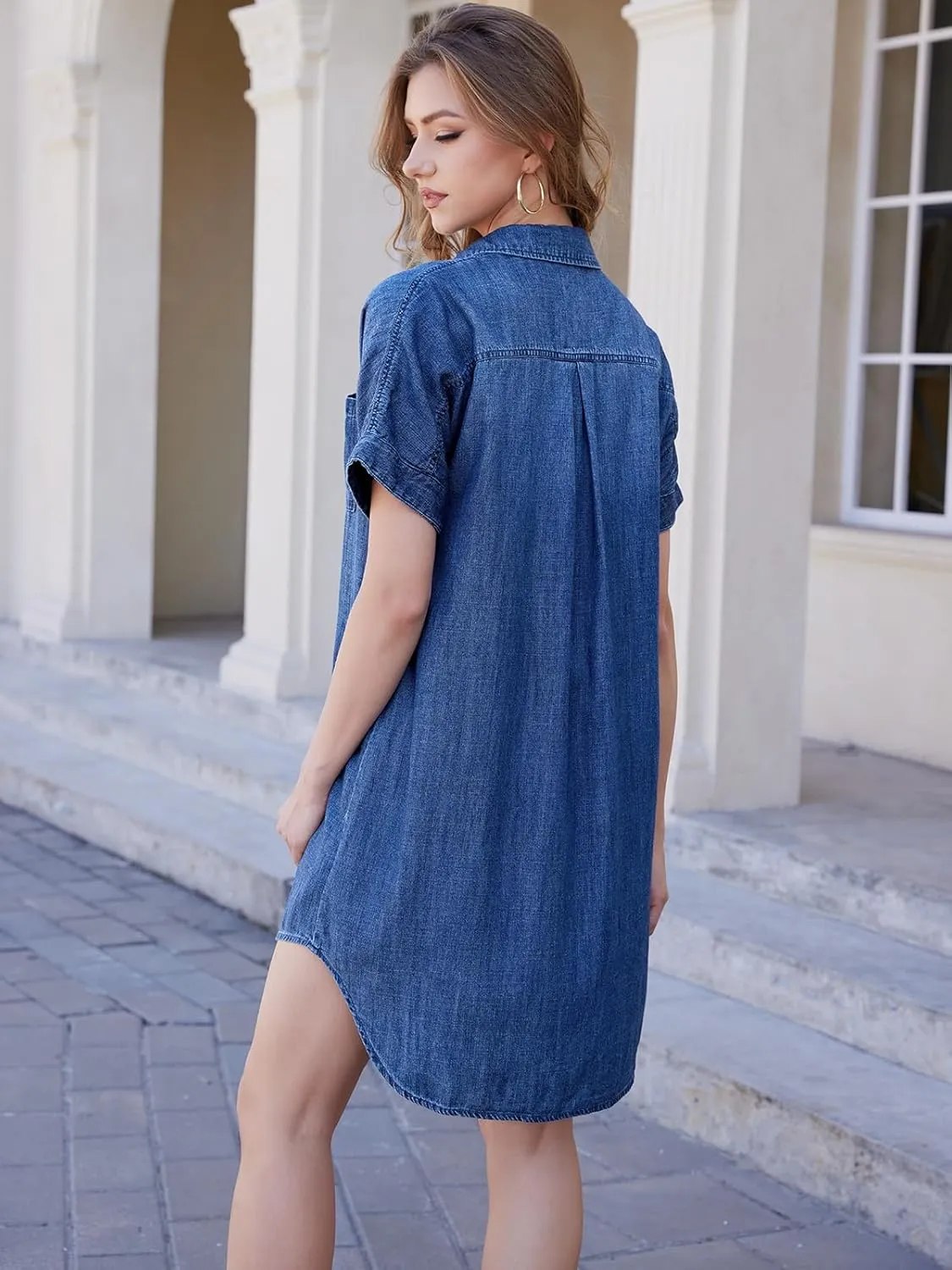 OVRUNS Women Denim Shirt Dress Short Sleeve Button Front High-Low Hem Jean Shirt Mini Dresses with Pockets