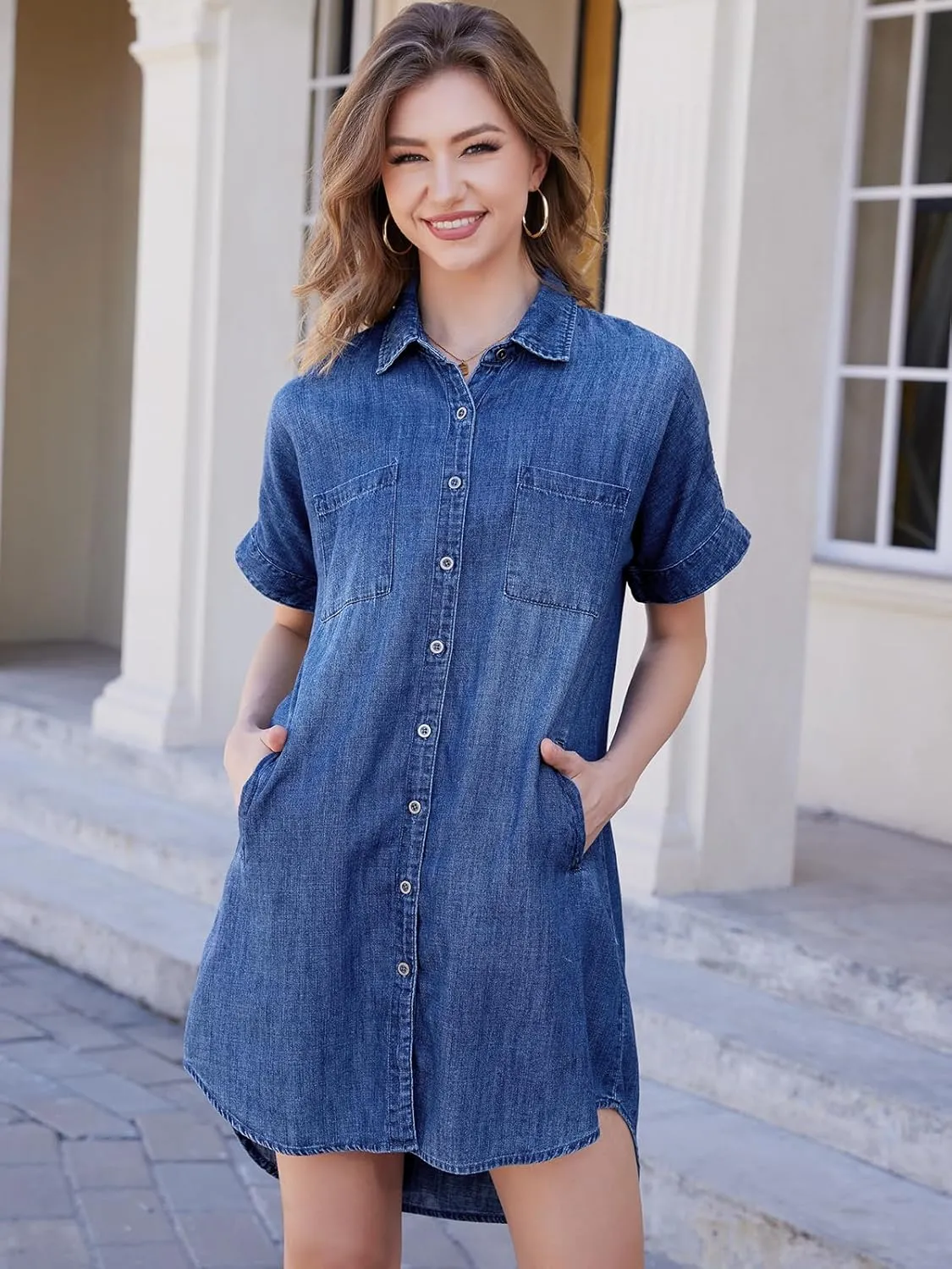 OVRUNS Women Denim Shirt Dress Short Sleeve Button Front High-Low Hem Jean Shirt Mini Dresses with Pockets