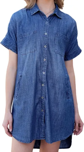 OVRUNS Women Denim Shirt Dress Short Sleeve Button Front High-Low Hem Jean Shirt Mini Dresses with Pockets