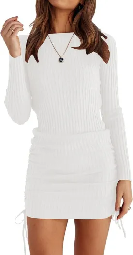 OWIN Women's Long Sleeve Ribbed Knit Casual Bodycon Mini Dress Ruched Drawstring Fall Pullover Sweater Dresses