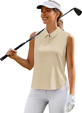 PINSPARK Women Golf Shirts Sleeveless UPF 50  Tennis Polo V-Neck Quick Dry Athletic T Shirt 1/4 Zip Collar Workout Tank Top