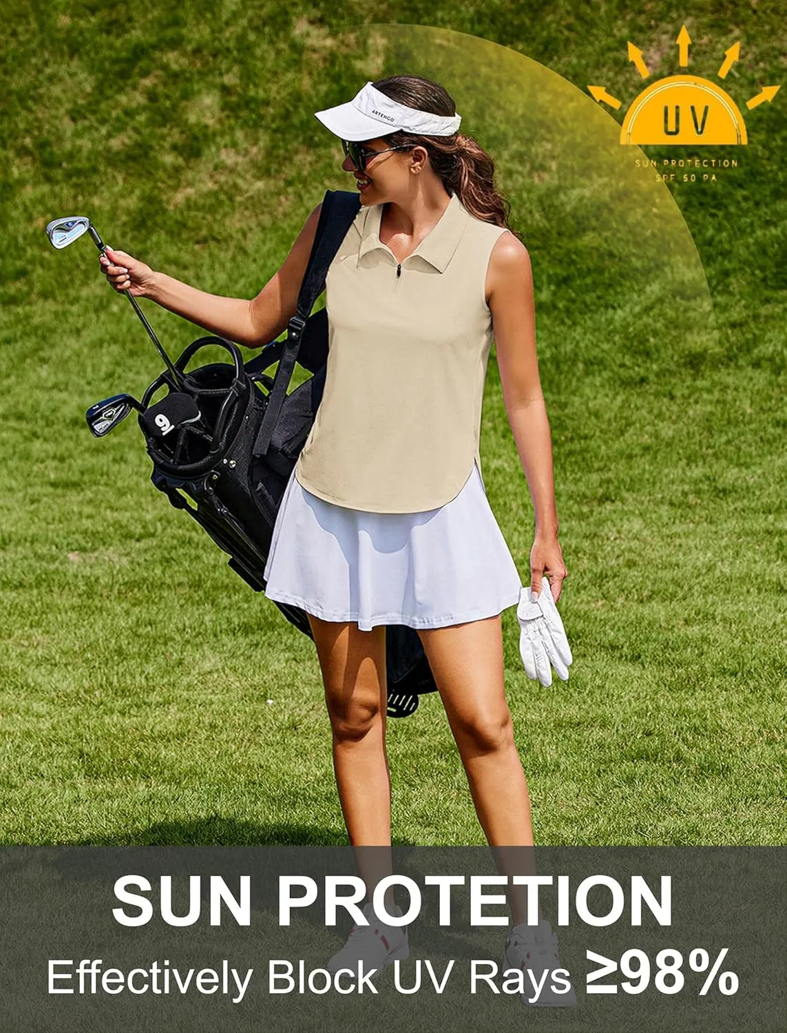 PINSPARK Women Golf Shirts Sleeveless UPF 50  Tennis Polo V-Neck Quick Dry Athletic T Shirt 1/4 Zip Collar Workout Tank Top
