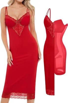 Popilush Shapewear Dress Deep V Neck Lace Cocktail Maxi Dresses for Women