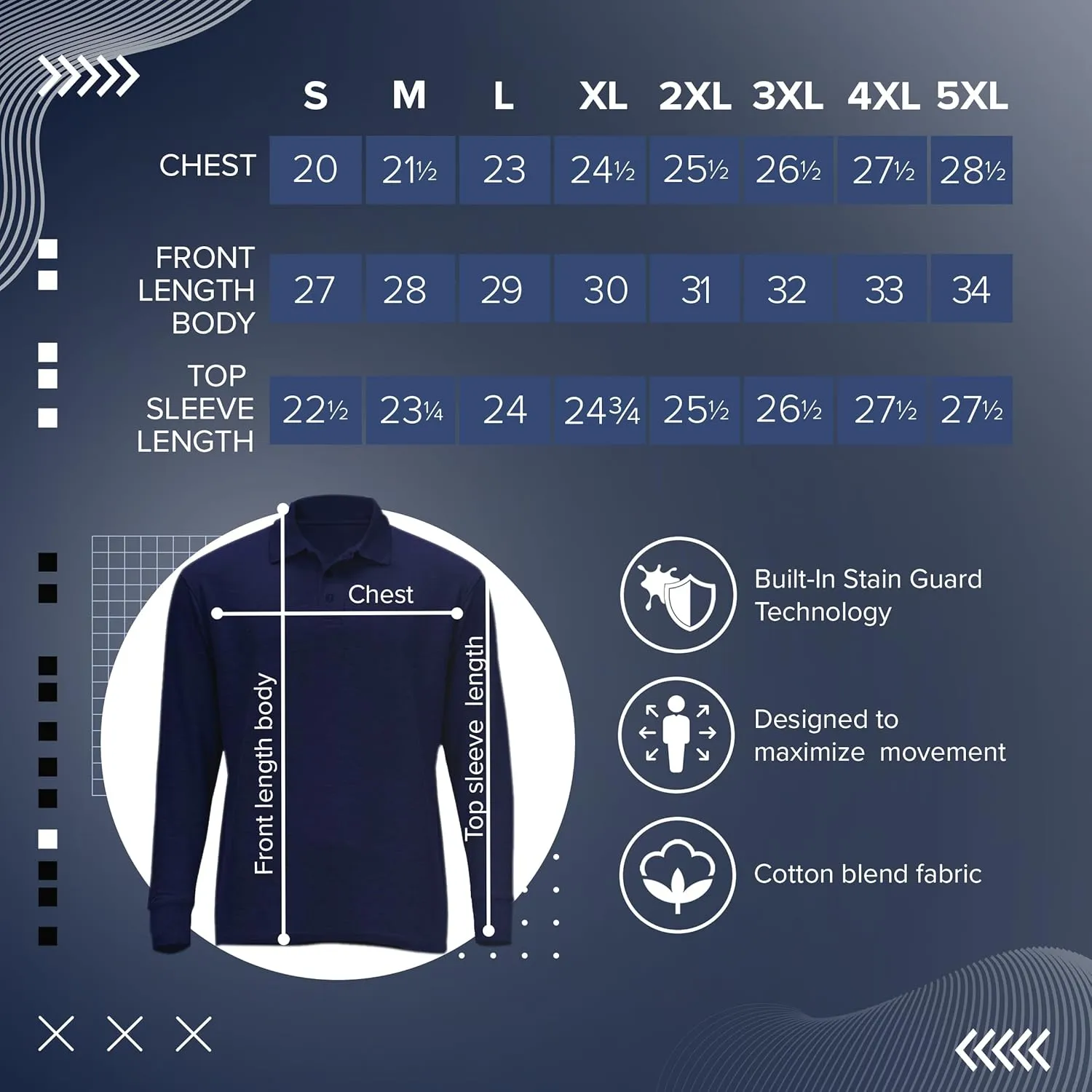 Premium Wear Long Sleeve Polo Shirt for Men, Cotton-Blend Fabric Golf Shirt with Collar, 3-Button Placket, Stain Guard