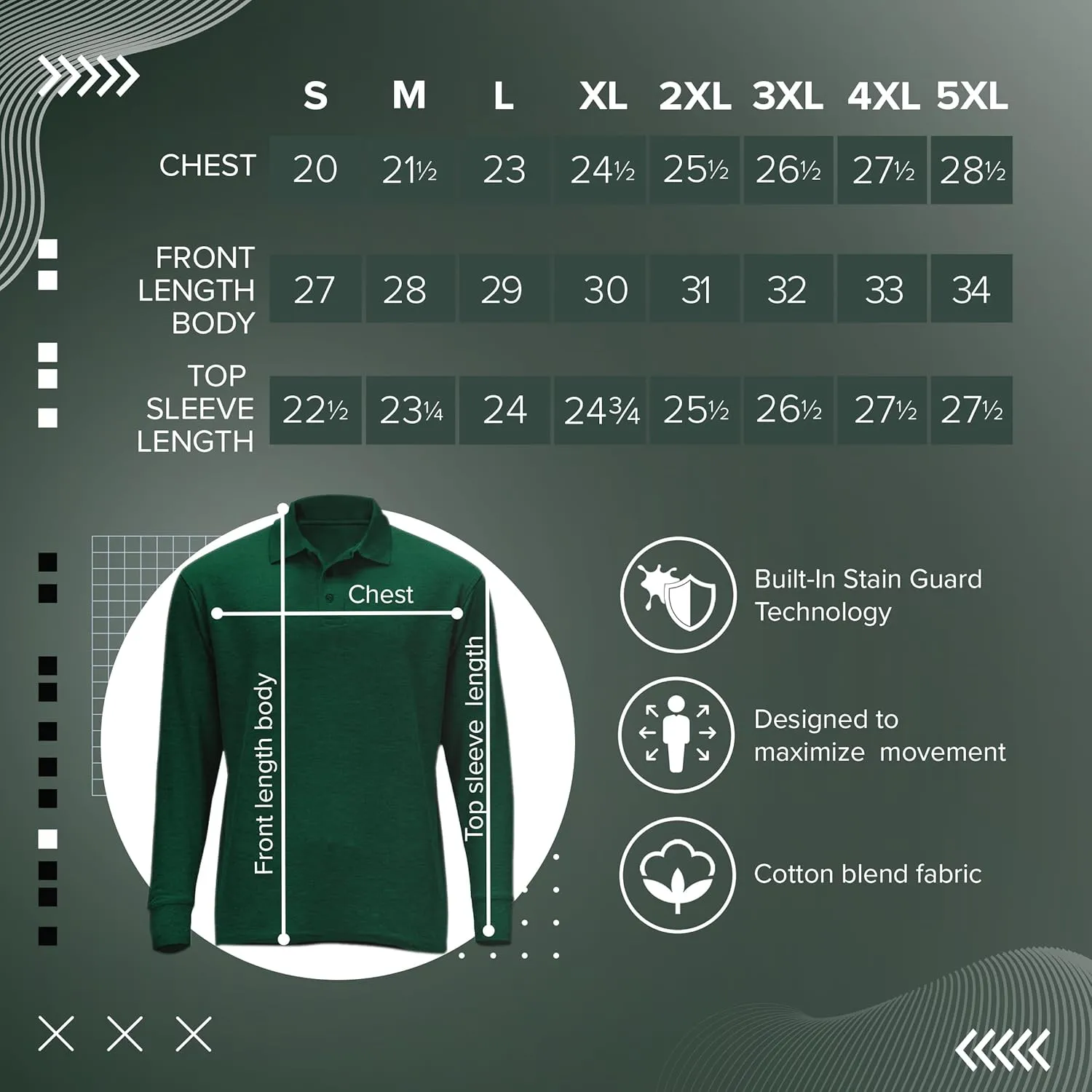Premium Wear Long Sleeve Polo Shirt for Men, Cotton-Blend Fabric Golf Shirt with Collar, 3-Button Placket, Stain Guard