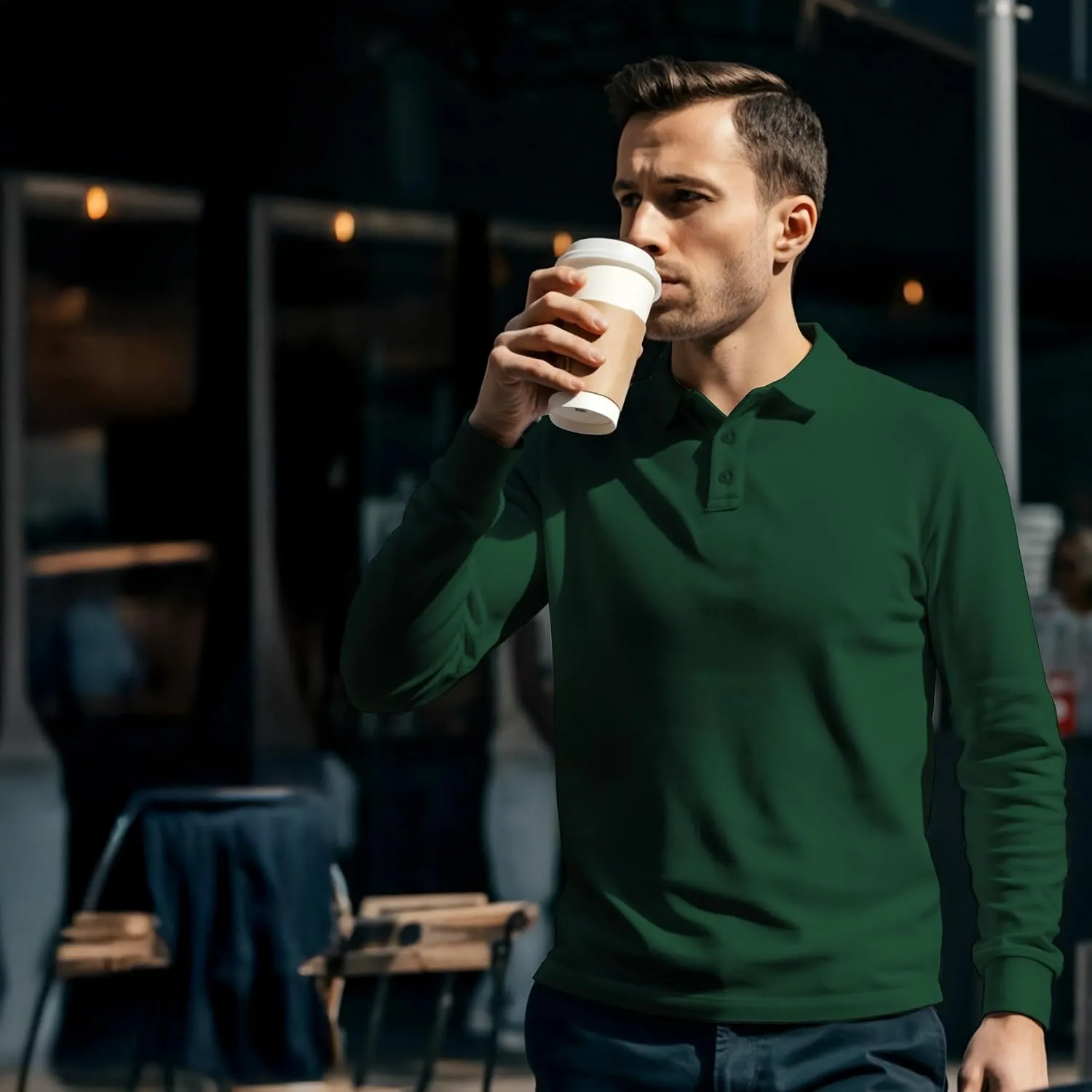 Premium Wear Long Sleeve Polo Shirt for Men, Cotton-Blend Fabric Golf Shirt with Collar, 3-Button Placket, Stain Guard