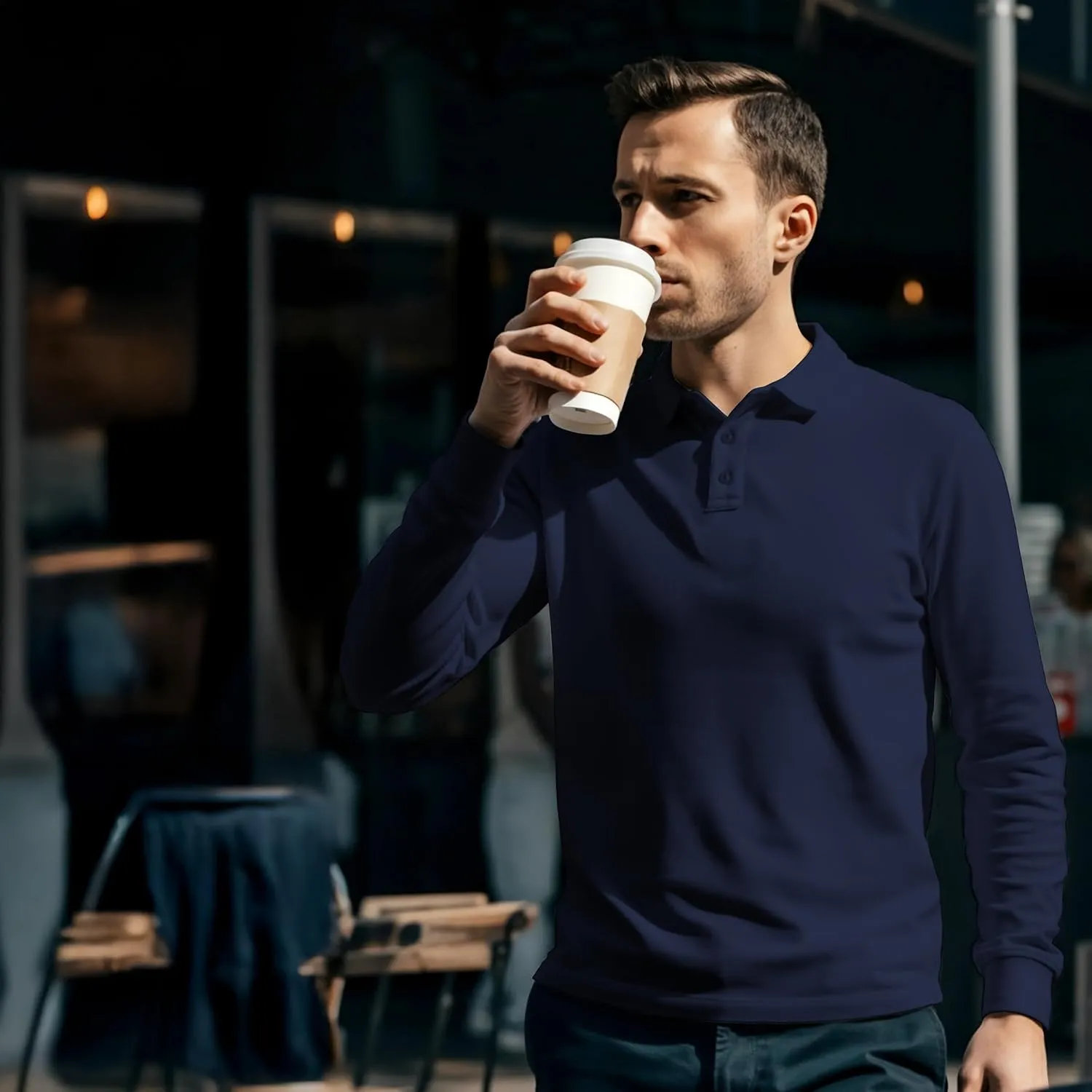 Premium Wear Long Sleeve Polo Shirt for Men, Cotton-Blend Fabric Golf Shirt with Collar, 3-Button Placket, Stain Guard